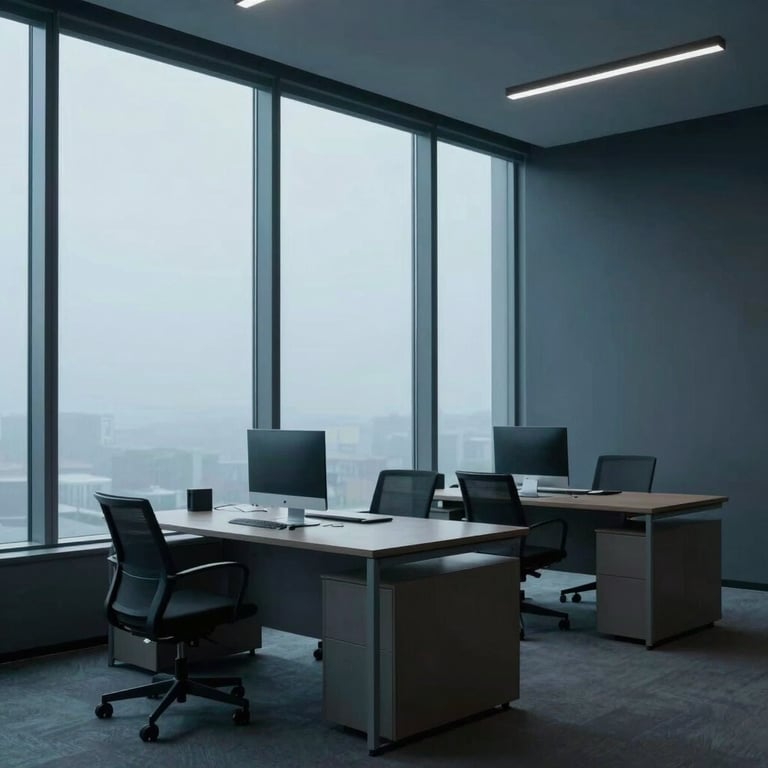 A minimalist Global / International office workspace with large windows, Pale Blue Mist and Dark Charcoal Blue tones.