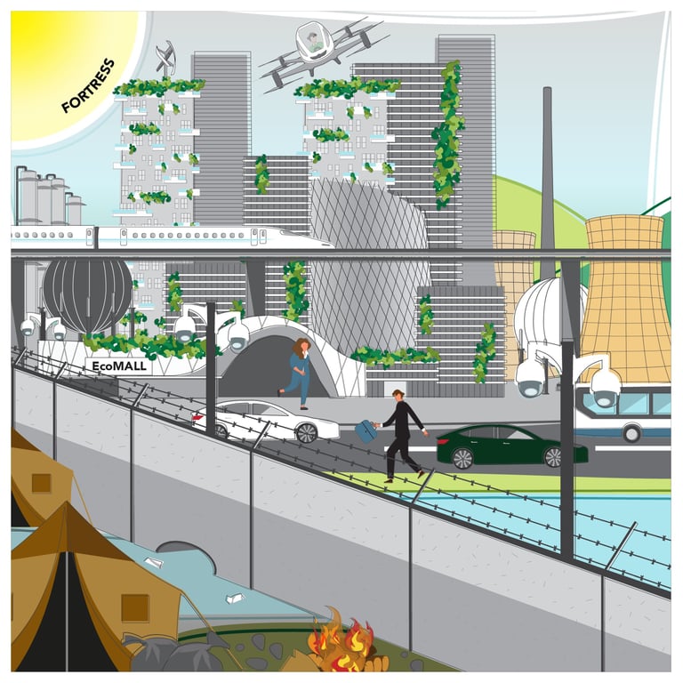 Visualisatie van de Fortress Circulaire Samenleving – schaarste, technologie en strikte beheersing.