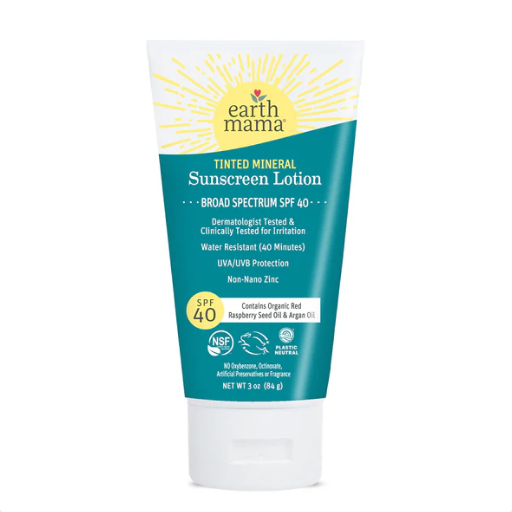 Earth Mama Organics tinted mineral sunscreen SPF 40 with non-nano zinc oxide, EWG rated 1
