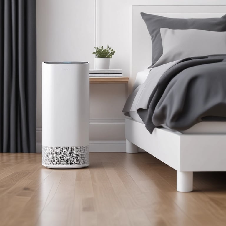 HEPA air purifier next to a bed for clean air and a non-toxic sleep environment.