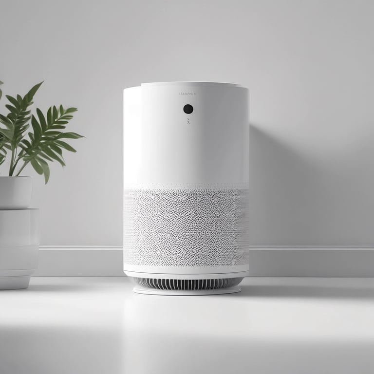 Sleek air purifier and green plant against a grey wall for a clean, non-toxic home.