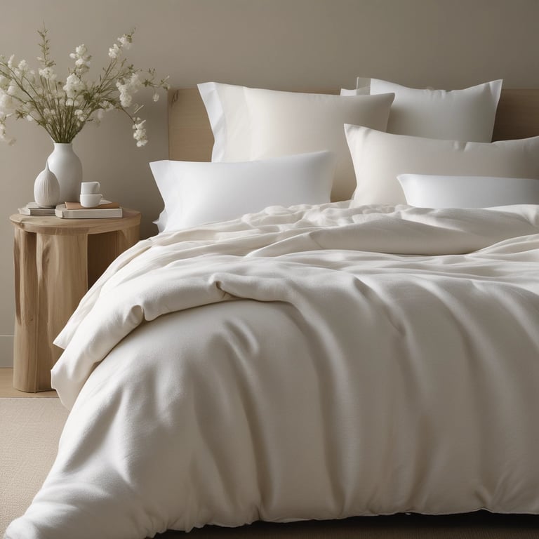Crisp white cotton bedding and duvet on a bed for a fresh, non-toxic sleep space.