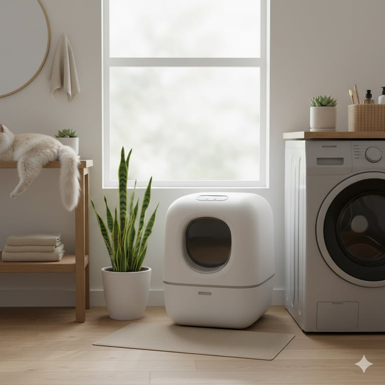 White self-cleaning litter box in a bright laundry room with a cat.