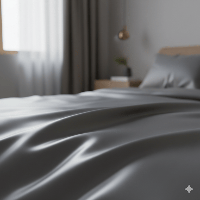 Close-up of smooth, glossy charcoal mulberry silk fabric.