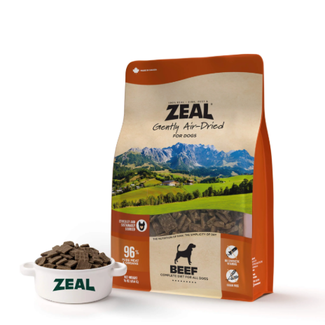 Zeal air-dried dog food with 96% meat and organs, a clean alternative to processed kibble.