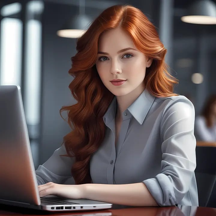 a woman with red hair and a laptop computer