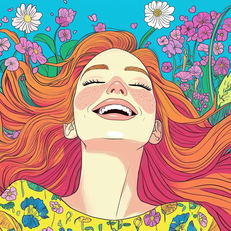 Joyful woman with floral motifs