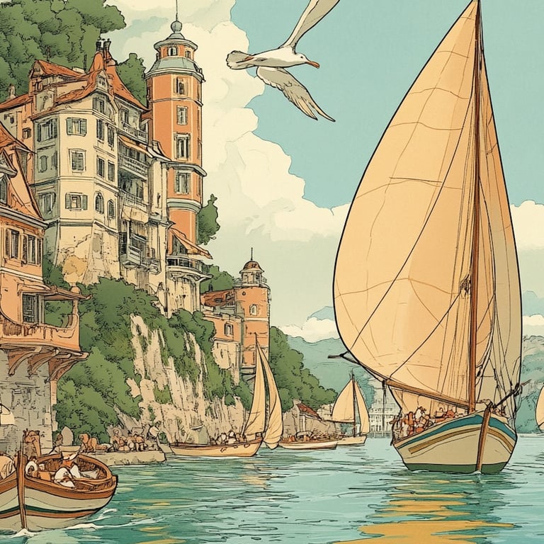Serene coastal scene with a sailboat illustration