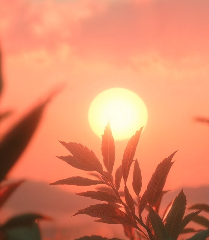 Glowing sunset with leaves