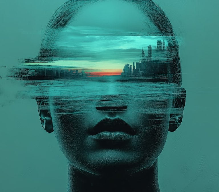 Surreal image of a woman's head and a city