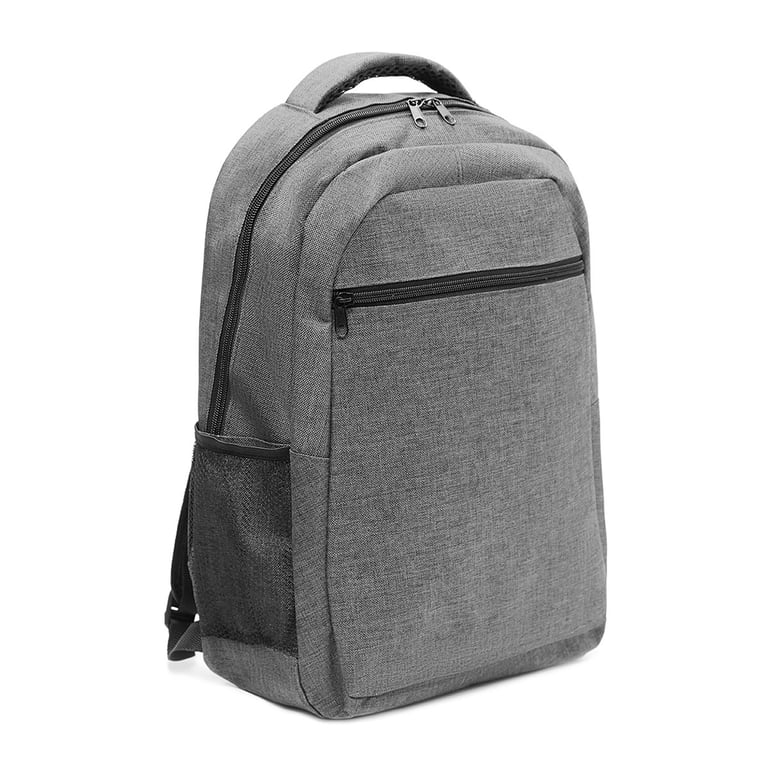 Durable grey fabric laptop backpack with front zipper pocket and side mesh bottle holder.