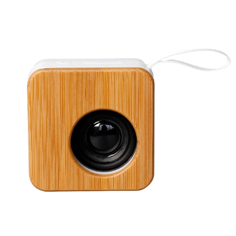 Portable square bluetooth speaker with a natural bamboo wood face and white carry strap.