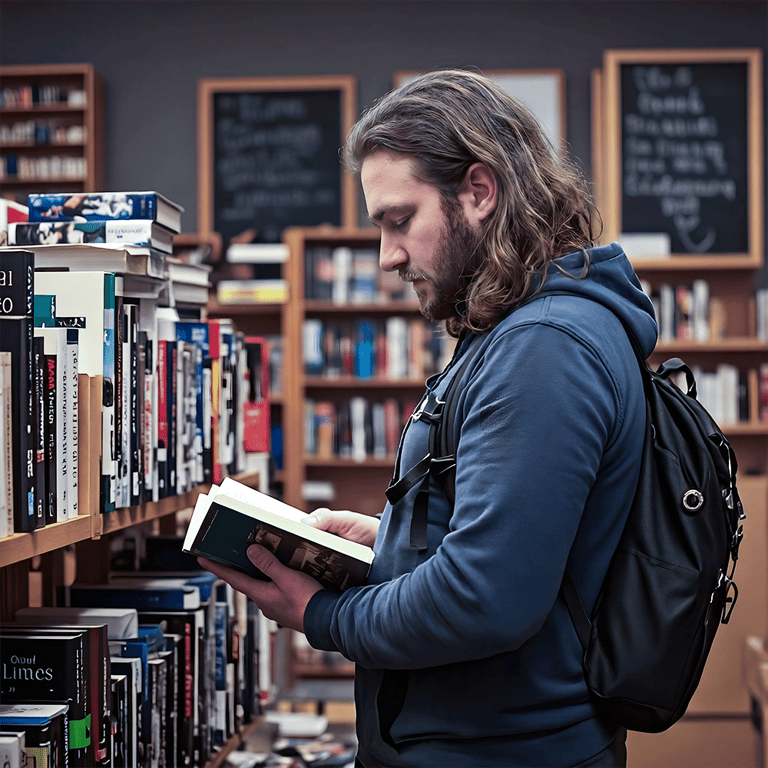Reader enjoying a book in a library for FK Publisher About page