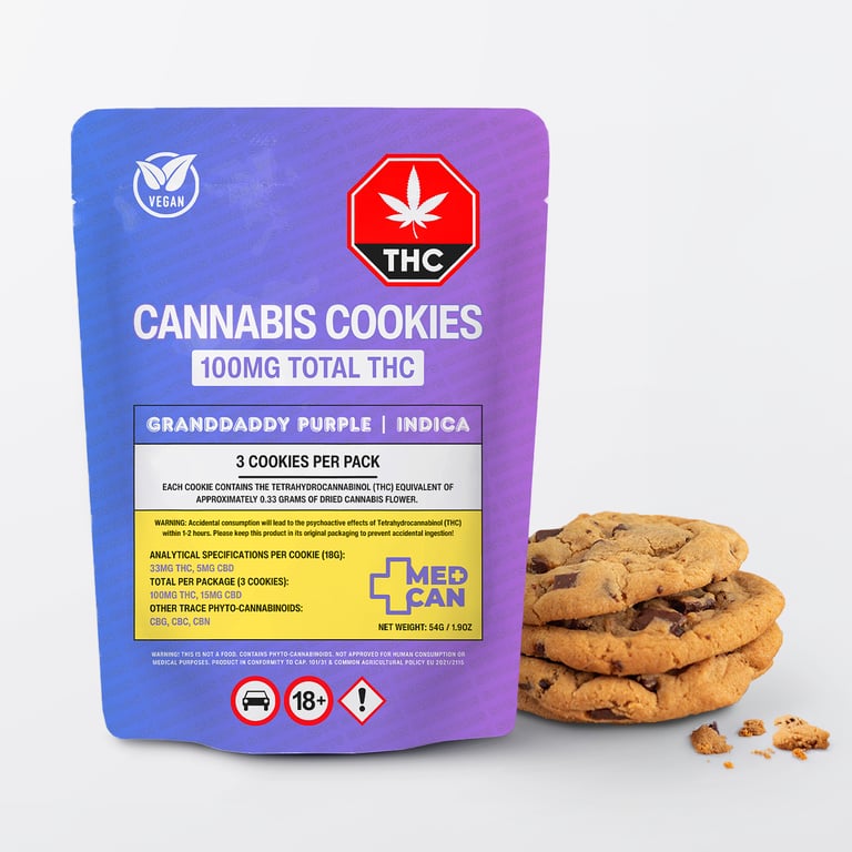 Granddaddy Purple Indica cannabis cookies with 100mg THC in purple packaging next to chocolate chip cookies.
