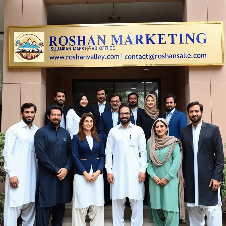 a group of people standing in front of a business sign
