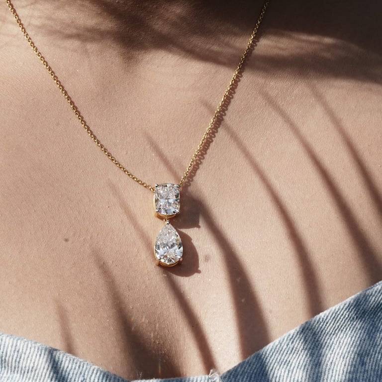 a woman wearing a necklace with a Lab-Grown Diamonds pendant