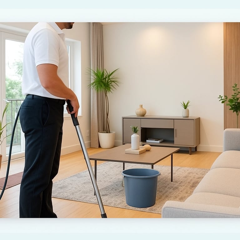 Man using a vacuum cleaner to clean the living room, focusing on the carpet and the furniture.