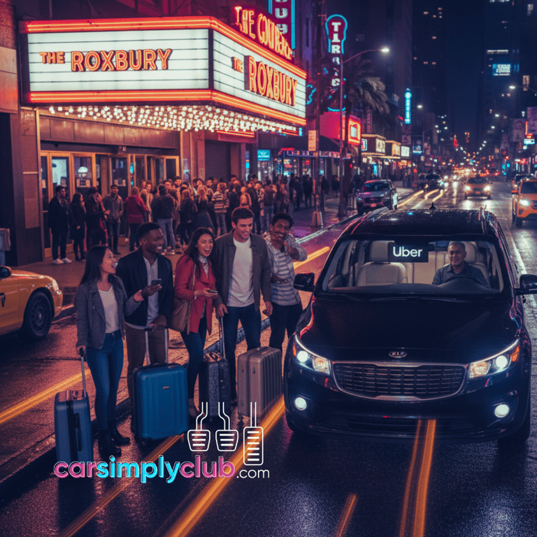 a group of young people in front of a uber minivan on a busy night