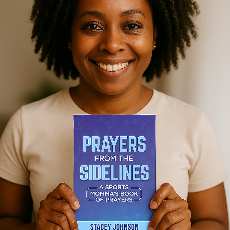Sports mom holding Prayers from the Sidelines designed for encouragement for moms
