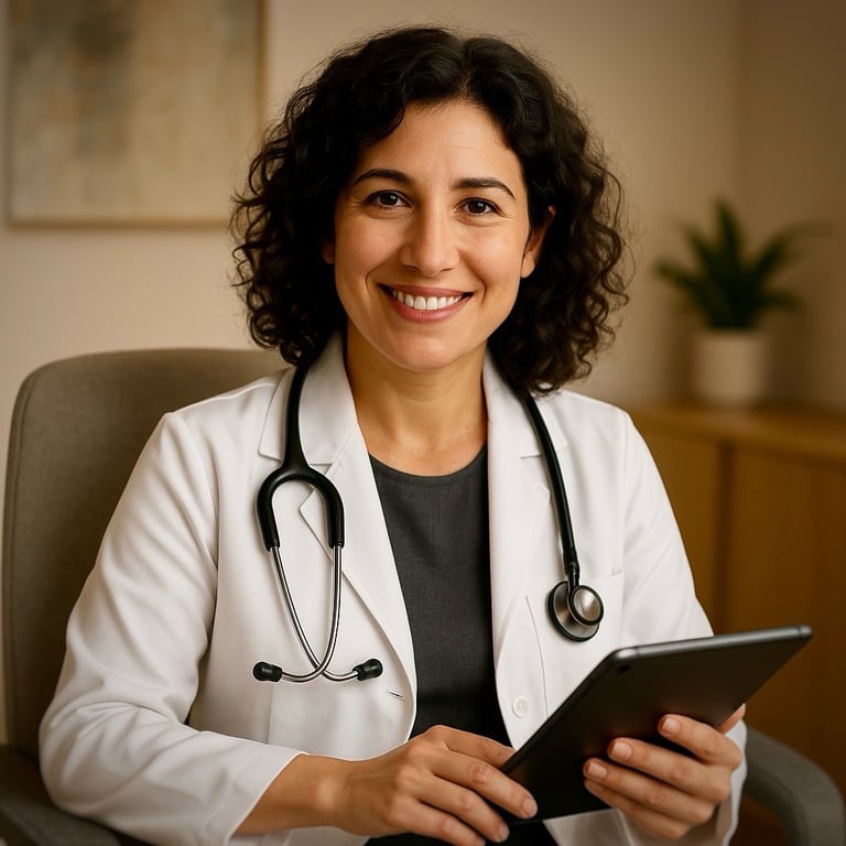 Portrait of a middle-aged female concierge doctor holding a tablet, wearing a white lab coat and ste