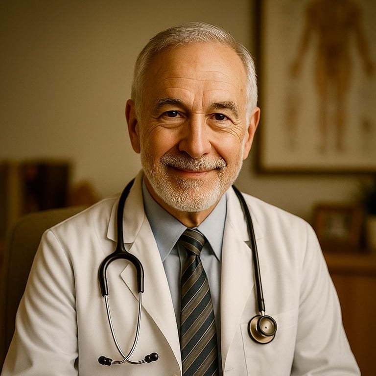 Warm portrait of an older male concierge doctor wearing a white lab coat and striped tie, seated in