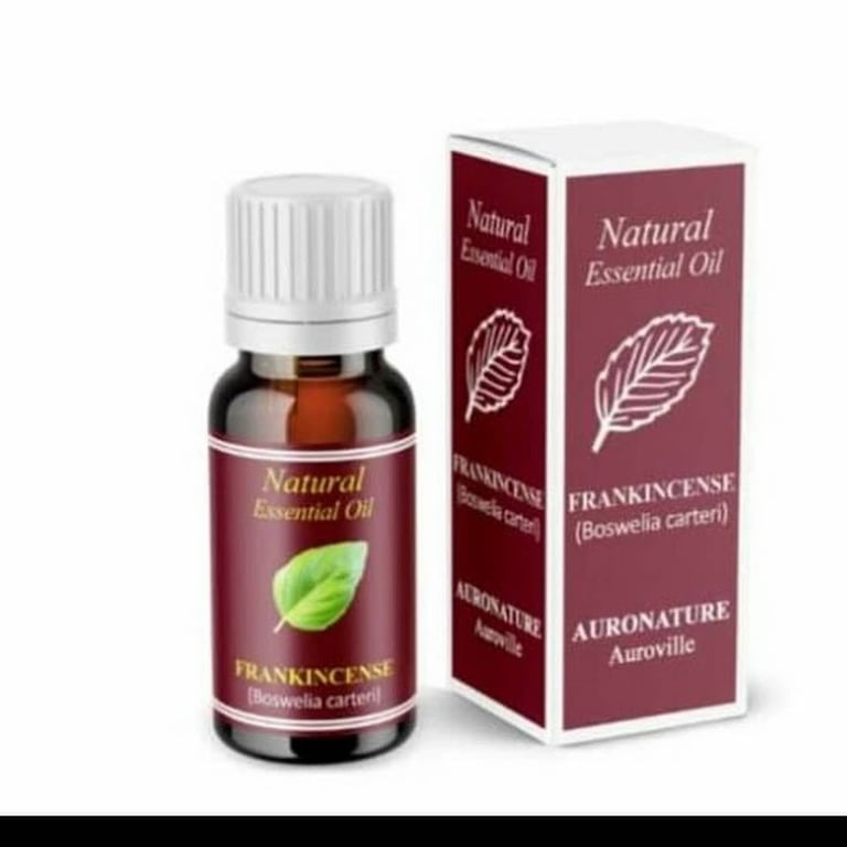 Auronature Frankincense Boswellia carteri natural essential oil bottle and box packaging.