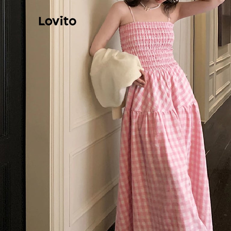 vestido xadrez estilo romântico na lovito shopee
