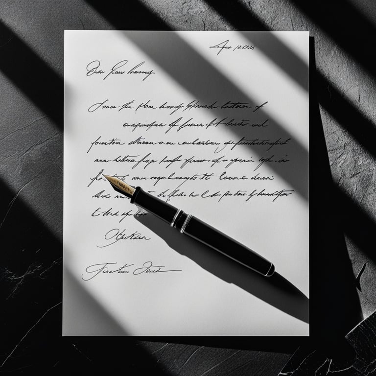 A black fountain pen resting on a handwritten letter with elegant calligraphy under dramatic shadows.