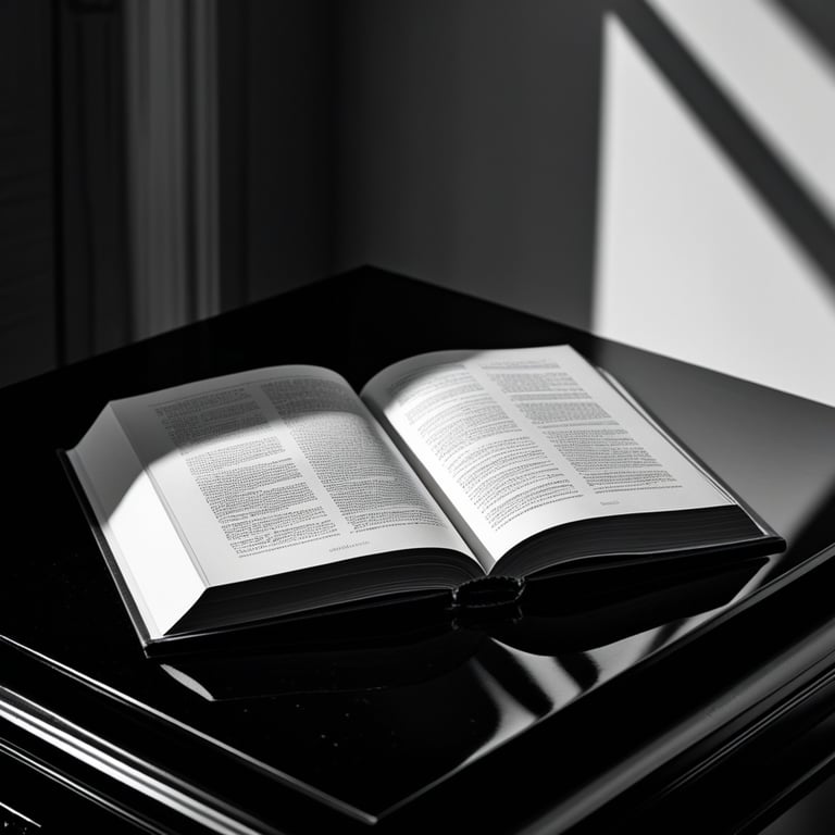 An open hardcover book on a black reflective table with dramatic shadows and lighting.