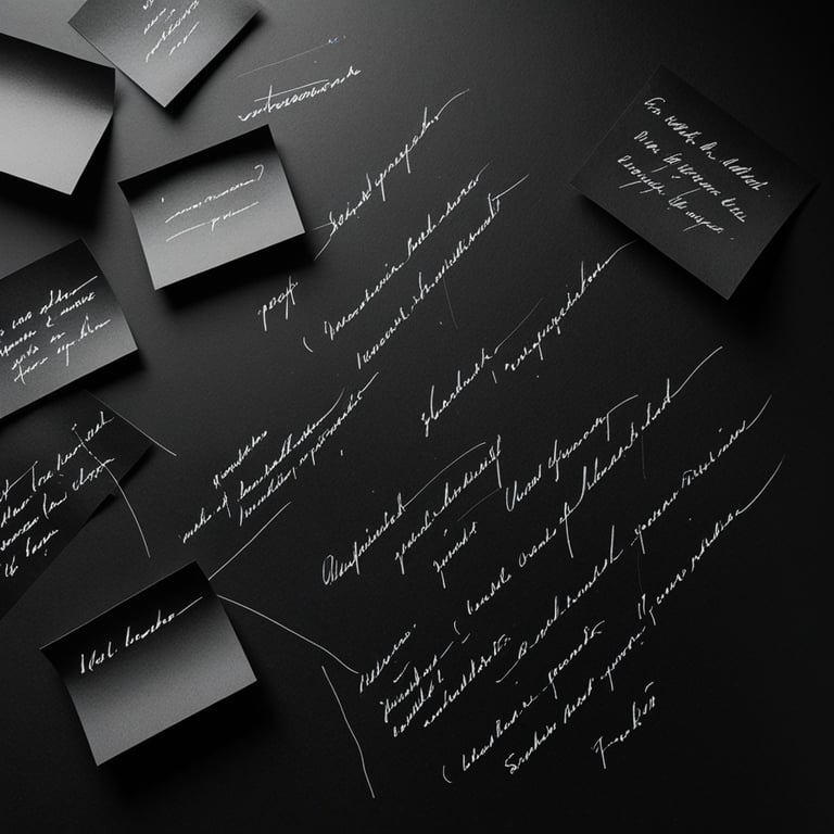 Elegant white cursive handwriting and black notes scattered on a dark surface for creative brainstorming.