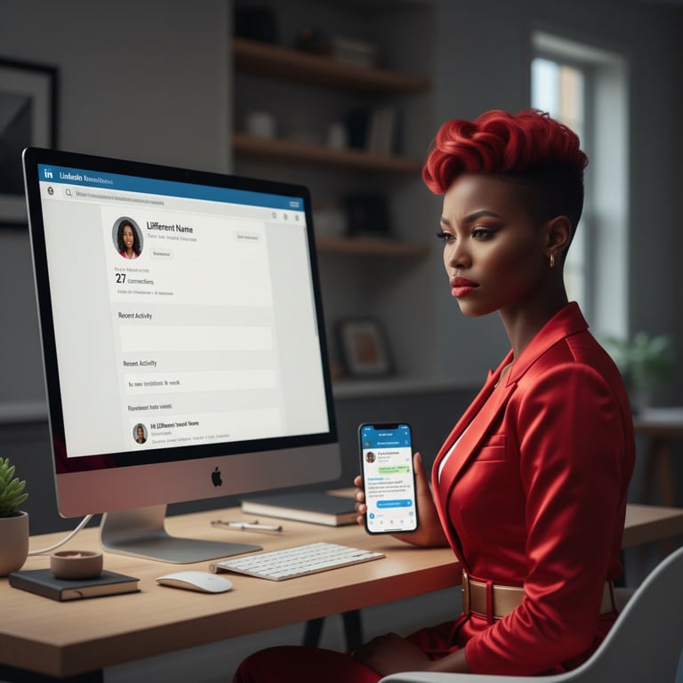 Professional woman with red hair reviewing her social media profile and mobile notifications at a modern desk.