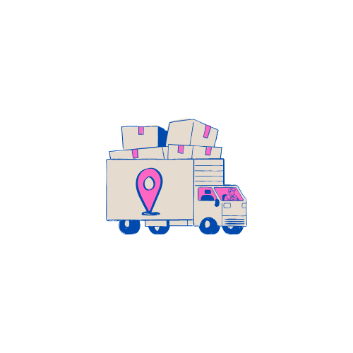 Blue and pink delivery truck carrying boxes, with a location pin icon representing logistics and tra