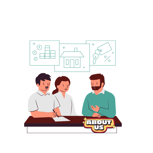 Three people discussing at a table with 'About Us' logo and icons for business, home, and finance