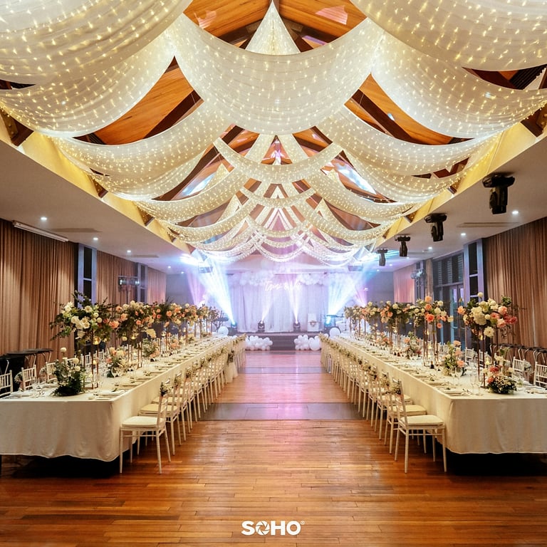 a large room with a long table and chairs