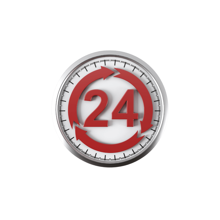 A 3D red 24 hour service icon with circular arrows on a clock face representing round-the-clock availability.