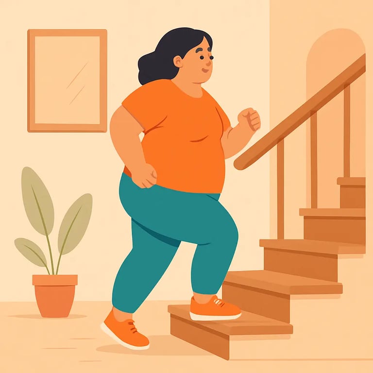 Cartoon-style illustration of a plus-size woman confidently climbing stairs at home, wearing an orange shirt and teal legging
