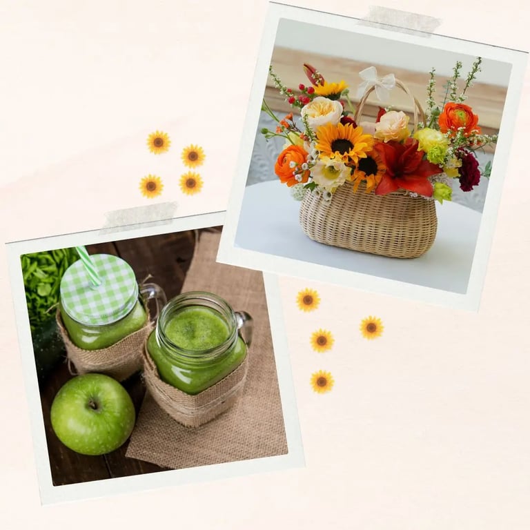 collage of two pictures of jar smoothie and a green apple with burlap decor on the jar and placemat.