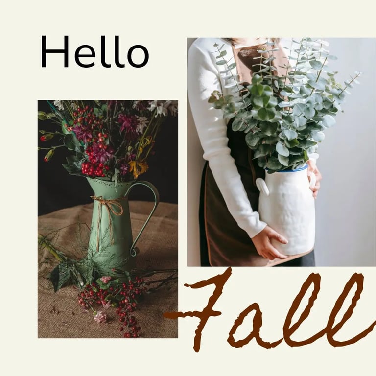 a collage of two images, one is a woman wearing an apron holding a vase of eucalyptus and a table with a burlap cloth 
