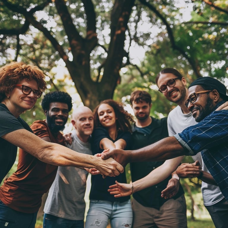 a group of people holding hands in a circle