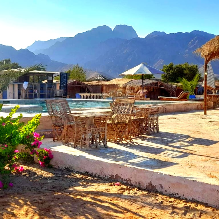 View of the pool and the mountains of the Sinai desert at Bedouin star