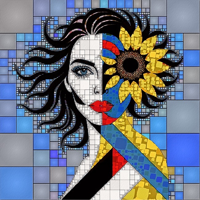 Mosaic sunflower woman digital artwork wall art prints by Philip Preston.