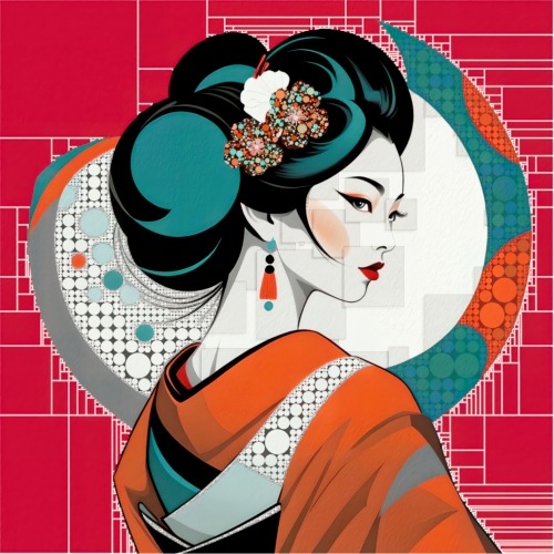 Japanese Geisha mosaic portrait, digital artwork by Philip Preston.