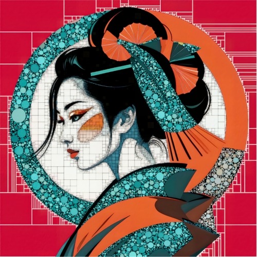 Japanese Geisha mosaic portrait, digital artwork by Philip Preston.