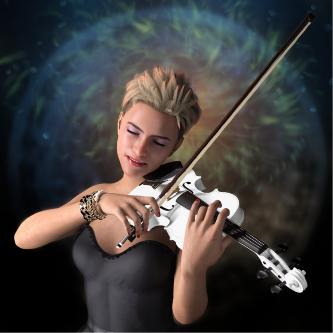 A digital artwork by Philip Preston of a young woman playing a white violin.