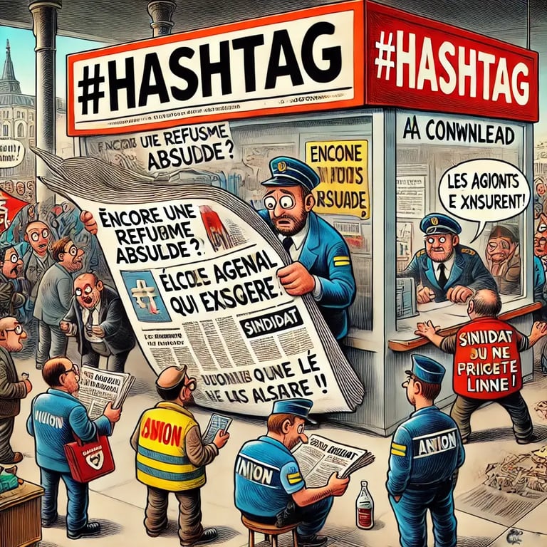 Illustration satirique d'un agent municipal lisant un journal géant intitulé 'Hashtag', entouré de collègues et d'un élu crit