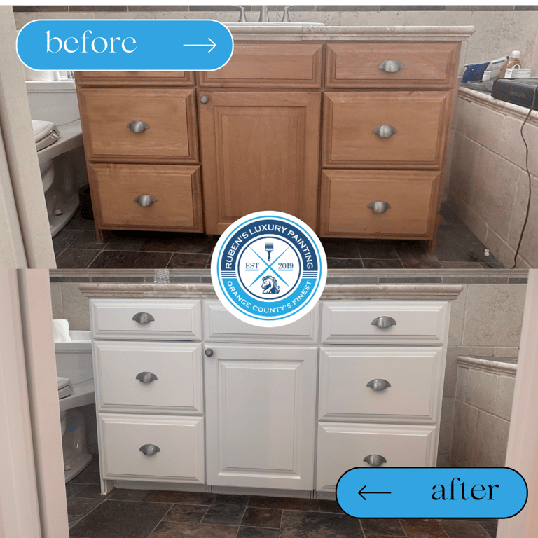 Newly painted white bathroom cabinet