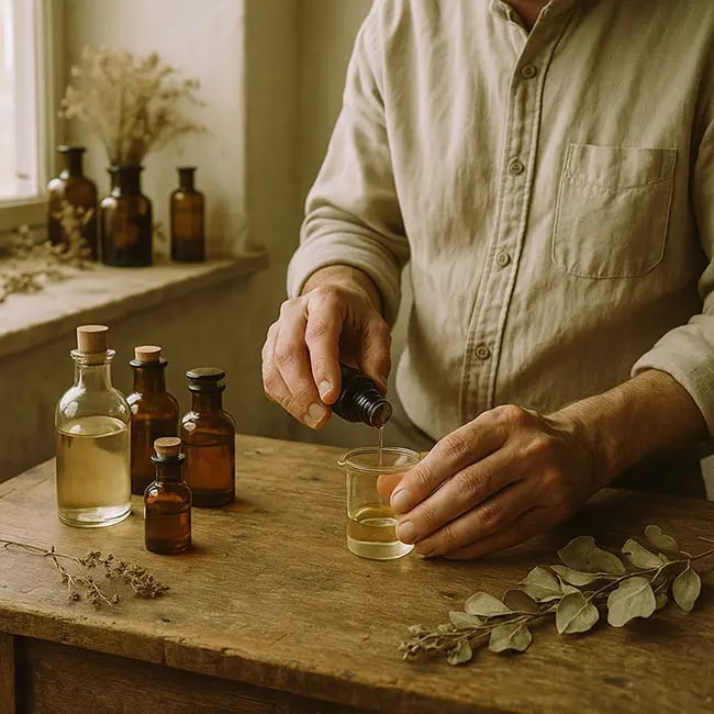 Man mixing essential oils on a wood table