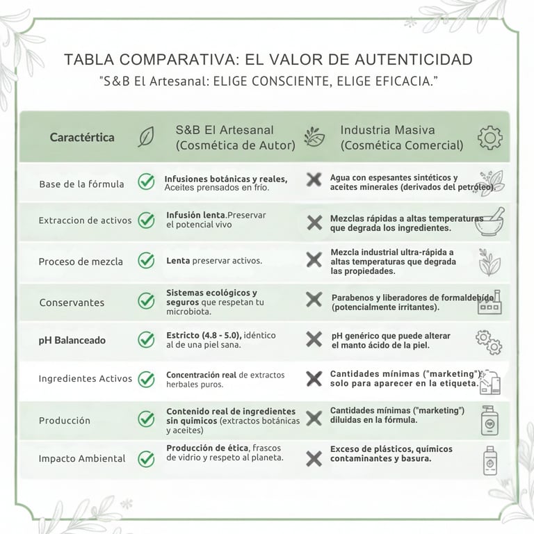 Tabla comparativa de ingredientes de cremas artesanales S&B El Artesanal vs cosmética industrial
