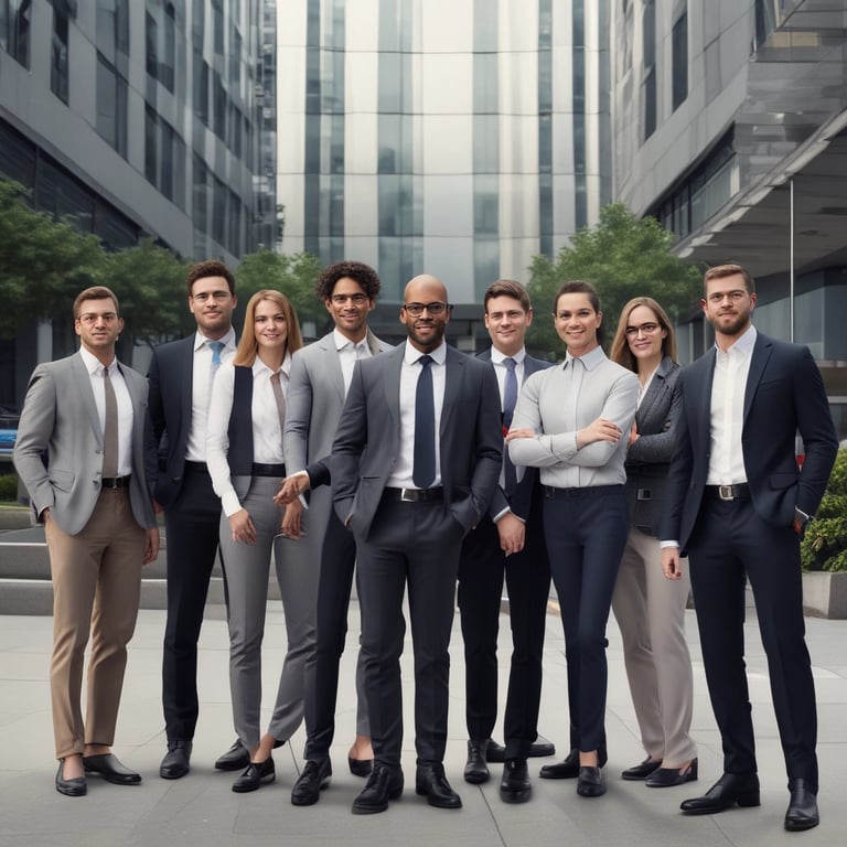 A group of ten professionally dressed individuals standing together in an office environment, smiling and exuding confidence.