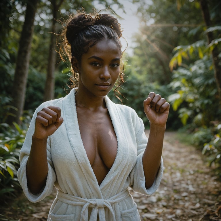 a woman in a robe is posing for a picture